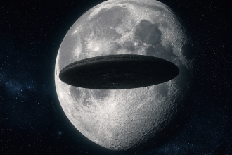 Concept : un immense vaisseau discoïde non identifié survolant la Lune, fond étoilé