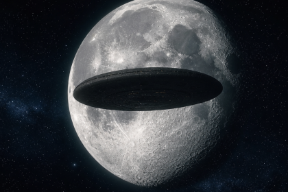 Concept : un immense vaisseau discoïde non identifié survolant la Lune, fond étoilé