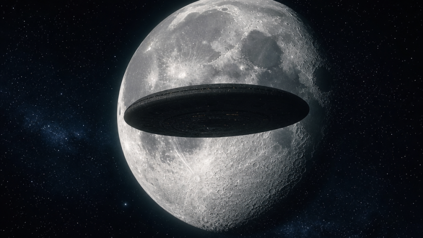Concept : un immense vaisseau discoïde non identifié survolant la Lune, fond étoilé