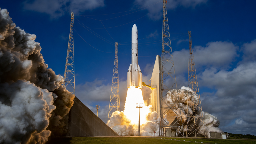 Décollage officiel de la fusée Ariane 6 de l'ESA avec ses boosters, illustrant l'article sur l'abandon des upgrades Block 3