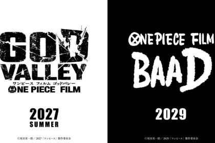 Affiche teaser officielle dévoilée au One Piece Day'26 annonçant les deux nouveaux films One Piece : FILM GOD VALLEY pour l'été 2027 et FILM BAAD pour 2029, avec le logo officiel One Piece et les deux titres en typographie manga.