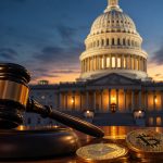 Capitole américain, gavel et pièces de cryptomonnaies : la loi crypto CLARITY Act attendue au Sénat