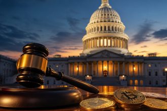 Capitole américain, gavel et pièces de cryptomonnaies : la loi crypto CLARITY Act attendue au Sénat