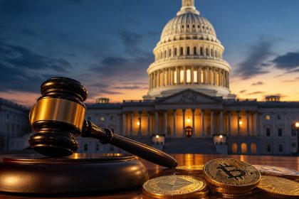 Capitole américain, gavel et pièces de cryptomonnaies : la loi crypto CLARITY Act attendue au Sénat