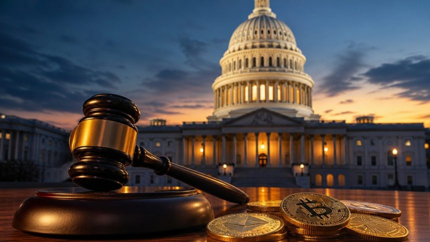 Capitole américain, gavel et pièces de cryptomonnaies : la loi crypto CLARITY Act attendue au Sénat