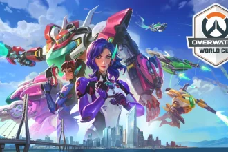 Key art officiel de l'Overwatch World Cup 2026 : héros Overwatch devant le pont Gwangan de Busan, Corée du Sud