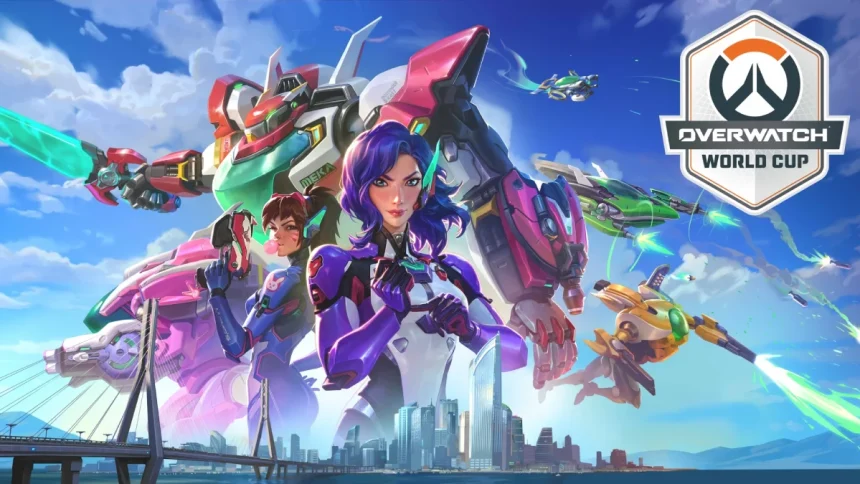 Key art officiel de l'Overwatch World Cup 2026 : héros Overwatch devant le pont Gwangan de Busan, Corée du Sud