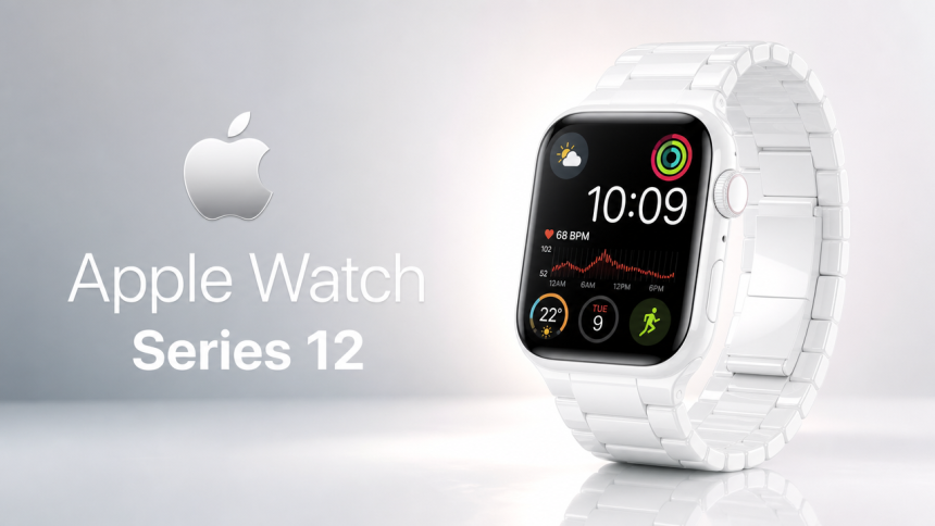 Apple Watch Series 12 au boîtier céramique blanc, rendu concept