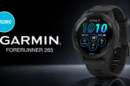 Offre promo de la montre Garmin Forerunner 265 noire, badge PROMO, écran AMOLED sur fond premium