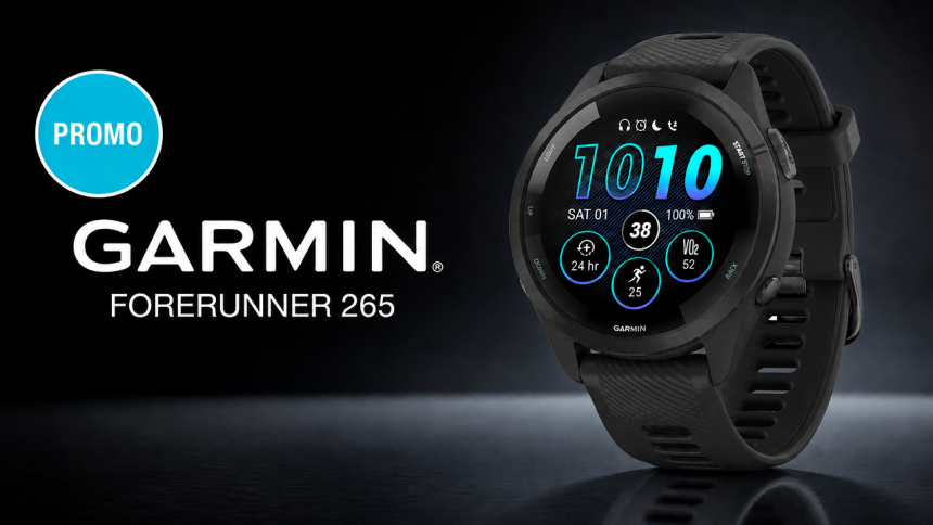 Offre promo de la montre Garmin Forerunner 265 noire, badge PROMO, écran AMOLED sur fond premium
