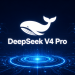 DeepSeek V4 Pro - logo baleine et nom du modèle sur fond tech abstrait