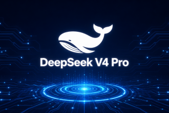 DeepSeek V4 Pro - logo baleine et nom du modèle sur fond tech abstrait