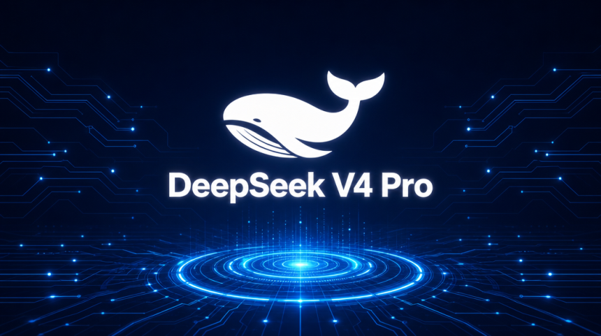 DeepSeek V4 Pro - logo baleine et nom du modèle sur fond tech abstrait