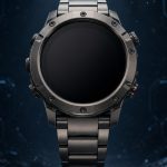 Garmin Fenix 9, concept d'une montre multisport à cadran rond au boîtier titane sur fond techno