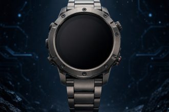 Garmin Fenix 9, concept d'une montre multisport à cadran rond au boîtier titane sur fond techno