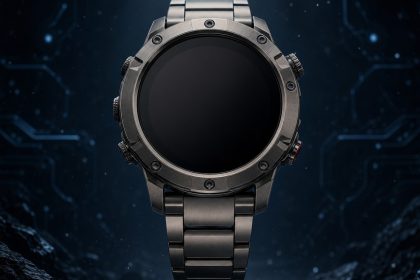 Garmin Fenix 9, concept d'une montre multisport à cadran rond au boîtier titane sur fond techno