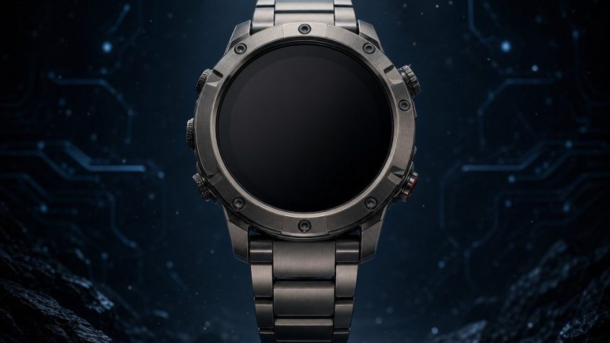 Garmin Fenix 9, concept d'une montre multisport à cadran rond au boîtier titane sur fond techno