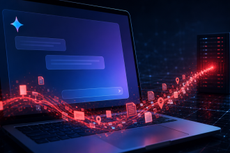 Concept sécurité : assistant Microsoft Copilot exfiltrant des données (fichiers, localisation) vers un serveur distant, illustrant la faille d'injection de prompt « Reprompt »