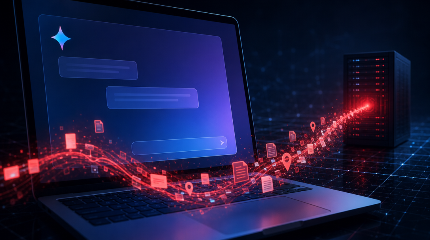 Concept sécurité : assistant Microsoft Copilot exfiltrant des données (fichiers, localisation) vers un serveur distant, illustrant la faille d'injection de prompt « Reprompt »