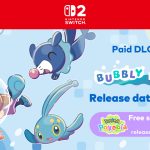 Key art officiel du DLC Pokémon Pokopia Bubbly Basin, personnage en plongée avec Popplio et Sobble, logo Pokémon Pokopia Expansion Pass, Nintendo Switch 2