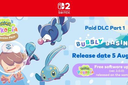 Key art officiel du DLC Pokémon Pokopia Bubbly Basin, personnage en plongée avec Popplio et Sobble, logo Pokémon Pokopia Expansion Pass, Nintendo Switch 2
