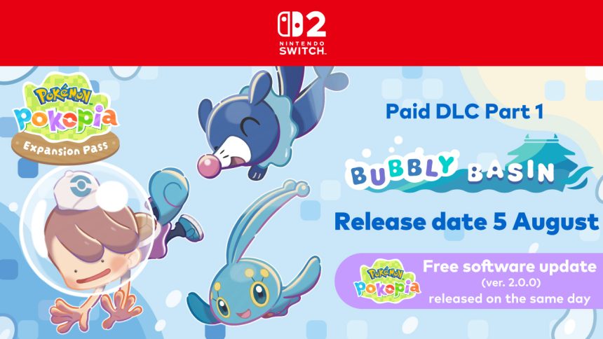 Key art officiel du DLC Pokémon Pokopia Bubbly Basin, personnage en plongée avec Popplio et Sobble, logo Pokémon Pokopia Expansion Pass, Nintendo Switch 2