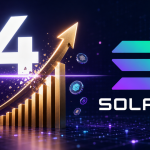 Logo Solana avec un chiffre 4 et un graphique en hausse symbolisant le franchissement des 4 milliards de dollars d'actifs réels tokenisés (RWA) sur Solana
