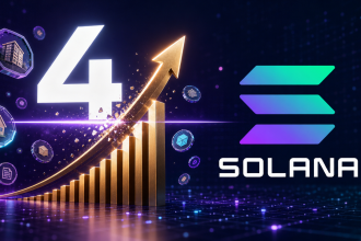 Logo Solana avec un chiffre 4 et un graphique en hausse symbolisant le franchissement des 4 milliards de dollars d'actifs réels tokenisés (RWA) sur Solana