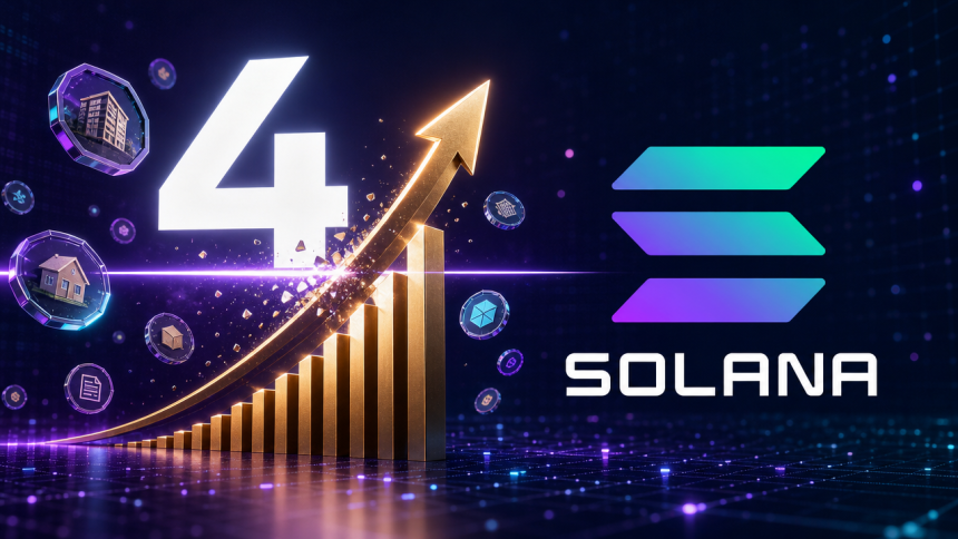 Logo Solana avec un chiffre 4 et un graphique en hausse symbolisant le franchissement des 4 milliards de dollars d'actifs réels tokenisés (RWA) sur Solana