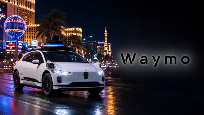 Robotaxi Waymo de nuit sur le Strip de Las Vegas, avec logo Waymo