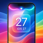 Concept iOS 27 : iPhone affichant Siri IA avec un grand widget carré central numéroté 27, sur fond de vagues colorées iOS