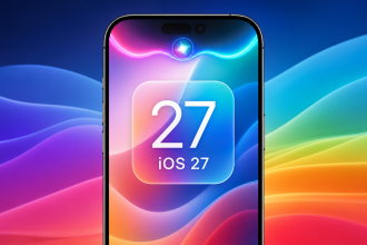 Concept iOS 27 : iPhone affichant Siri IA avec un grand widget carré central numéroté 27, sur fond de vagues colorées iOS