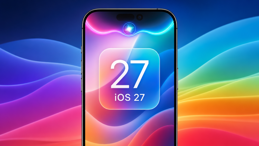 Concept iOS 27 : iPhone affichant Siri IA avec un grand widget carré central numéroté 27, sur fond de vagues colorées iOS