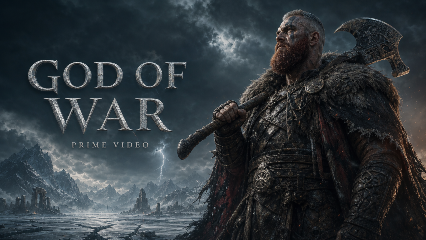 God of War, concept key art de la série Prime Video avec un guerrier nordique barbu