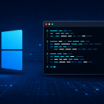 Concept Windows 11 : logo officiel et fenêtre de terminal en ligne de commande, illustrant le retrait de WMIC dans Windows 11 26H2