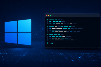 Concept Windows 11 : logo officiel et fenêtre de terminal en ligne de commande, illustrant le retrait de WMIC dans Windows 11 26H2