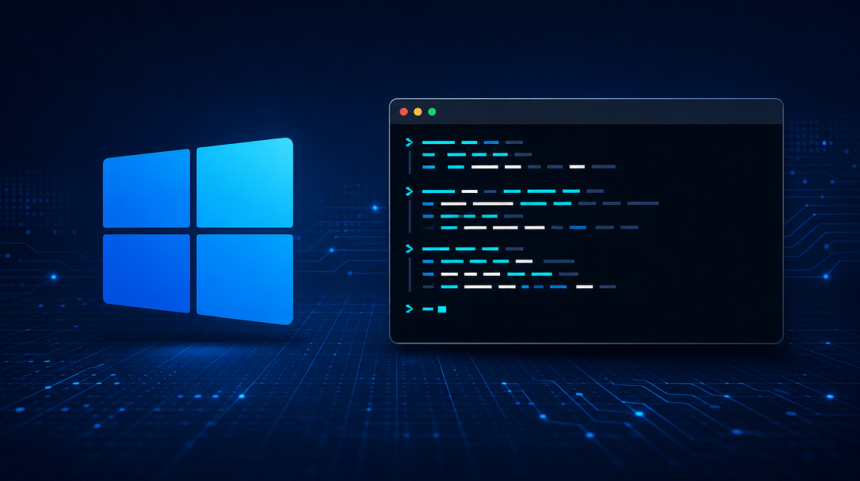 Concept Windows 11 : logo officiel et fenêtre de terminal en ligne de commande, illustrant le retrait de WMIC dans Windows 11 26H2