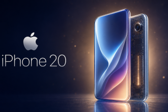 iPhone 20, rendu concept du design tout verre incurvé, écran sans découpe, logo Apple