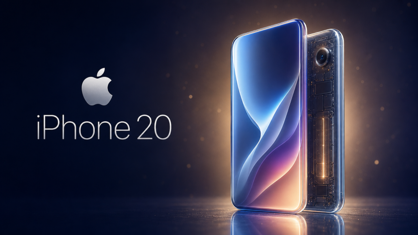 iPhone 20, rendu concept du design tout verre incurvé, écran sans découpe, logo Apple