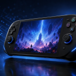 Concept d'une console portable PlayStation style rumeur, rendu éditorial 16:9 sans texte
