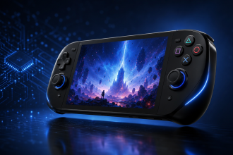 Concept d'une console portable PlayStation style rumeur, rendu éditorial 16:9 sans texte
