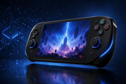 Concept d'une console portable PlayStation style rumeur, rendu éditorial 16:9 sans texte