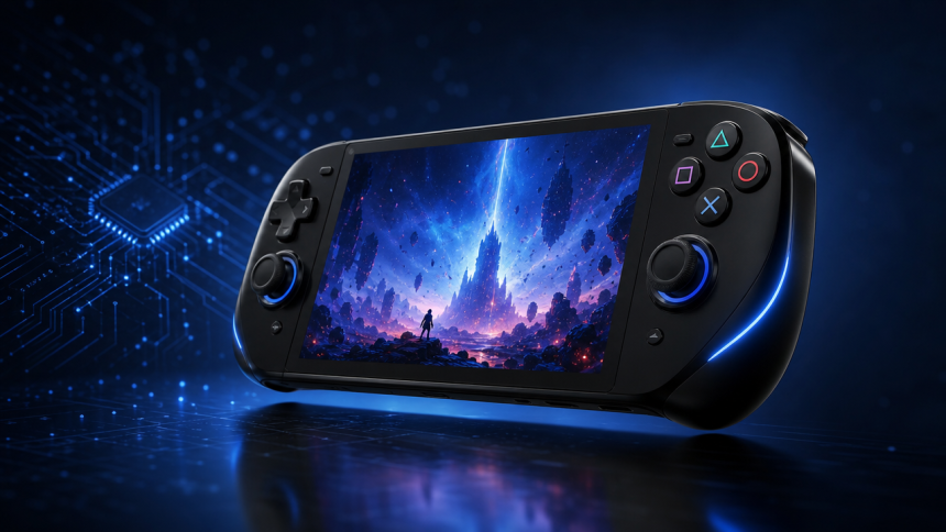 Concept d'une console portable PlayStation style rumeur, rendu éditorial 16:9 sans texte