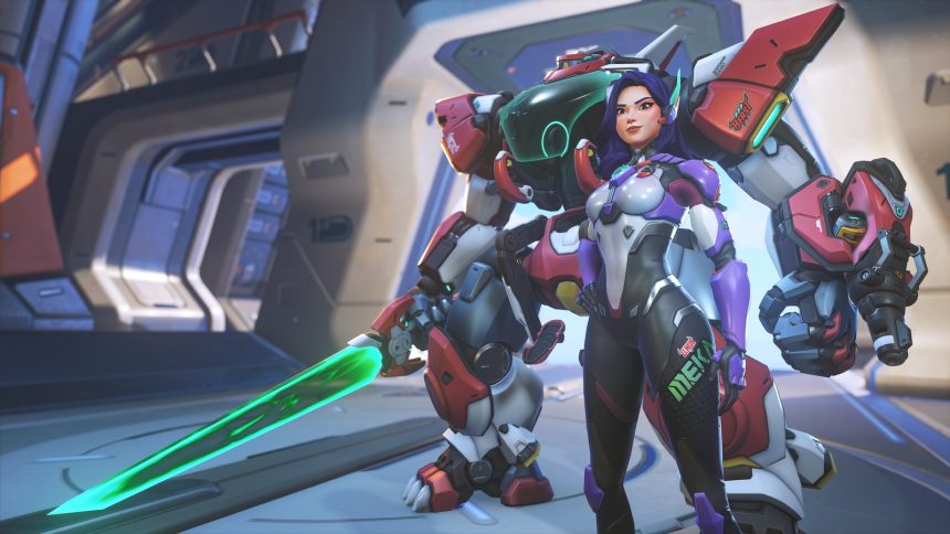 Key art officiel du héros D.Mon de la MEKA Squad dans Overwatch, Saison 4