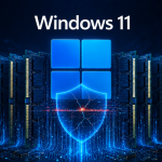 Windows 11, concept sécurité : logo Windows 11 central sur des barrettes de RAM DDR, bouclier de sécurité fissuré