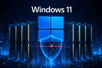 Windows 11, concept sécurité : logo Windows 11 central sur des barrettes de RAM DDR, bouclier de sécurité fissuré