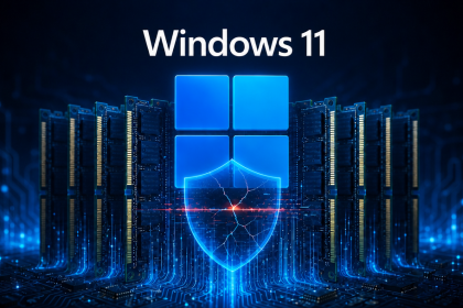 Windows 11, concept sécurité : logo Windows 11 central sur des barrettes de RAM DDR, bouclier de sécurité fissuré