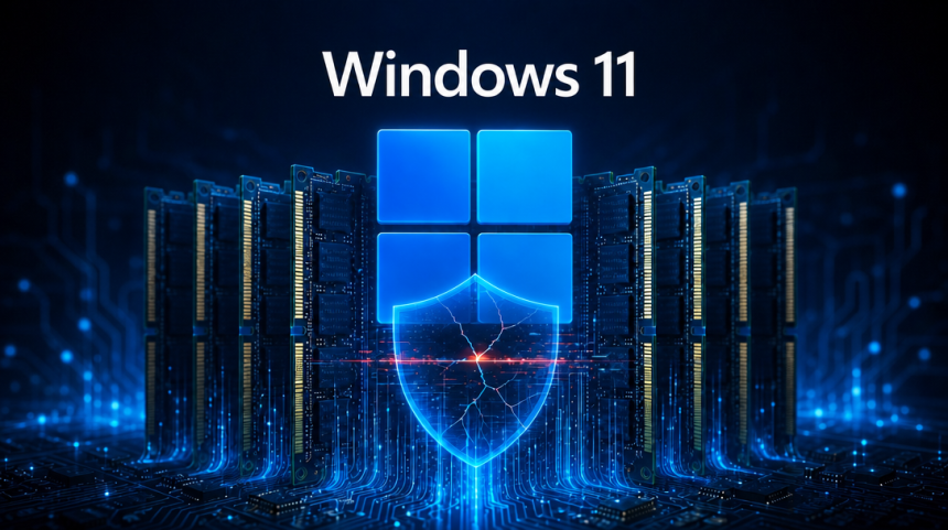 Windows 11, concept sécurité : logo Windows 11 central sur des barrettes de RAM DDR, bouclier de sécurité fissuré