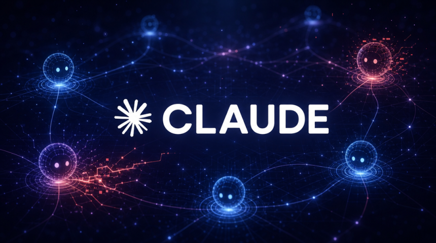 Logo Anthropic avec le nom Claude au centre, concept de systèmes multi-agents IA sur fond techno sombre, illustration du rapport sur les sabotages entre agents