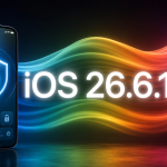 iPhone affichant un bouclier de sécurité avec cadenas, vagues colorées iOS, concept iOS 26.6.1